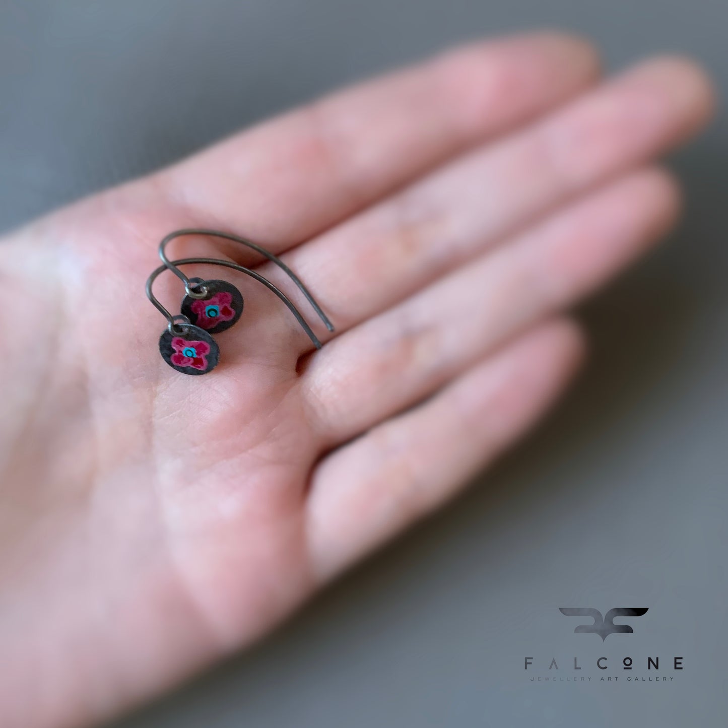 Enameled silver earrings 'Field Flowers - Burgundy & Turquoise'