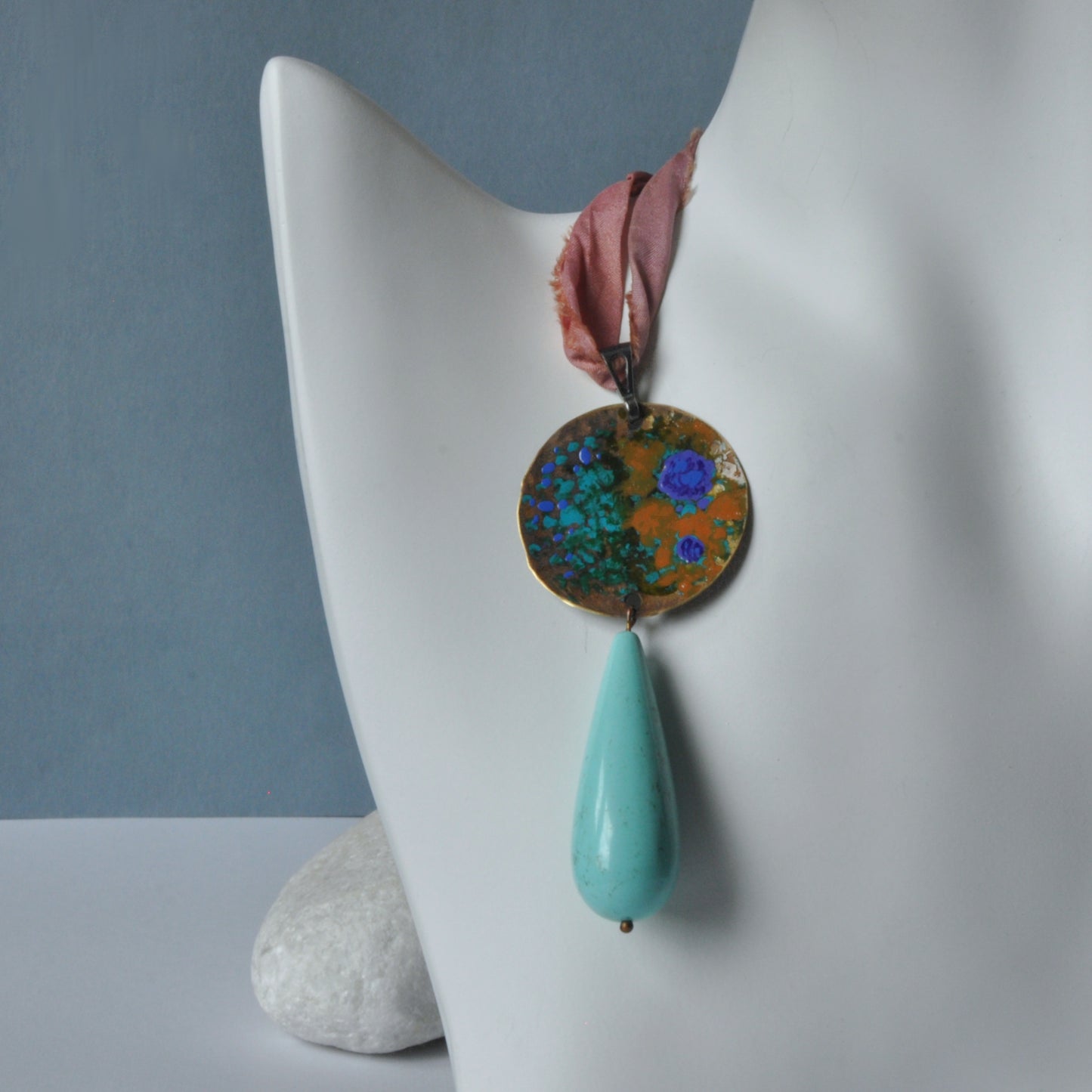 Raw silk necklace with a forged enameled brass pendant and a drop of howlite 'From the Studio Windows'