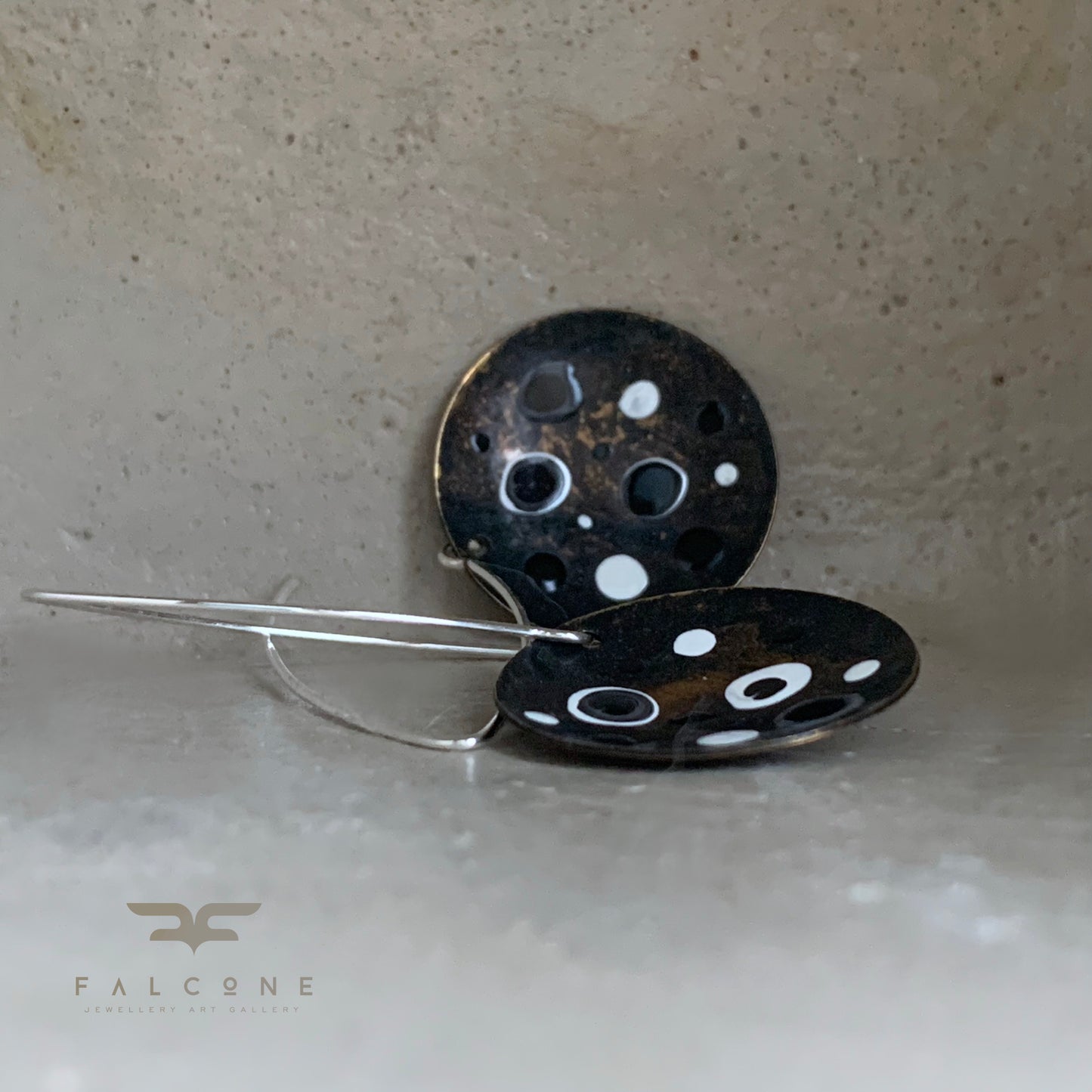 Brass and Sterling Silver Earrings with Enamel 'White & Black – Dotted Circles'