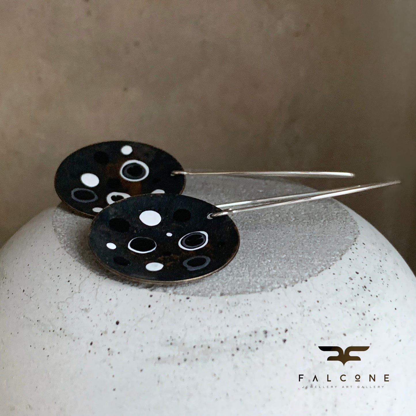Brass and Sterling Silver Earrings with Enamel 'White & Black – Dotted Circles'