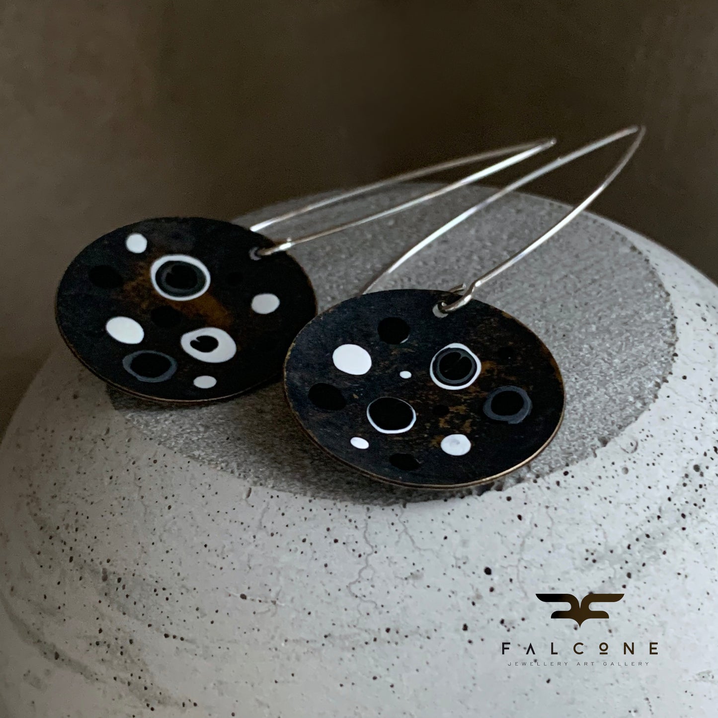 Brass and Sterling Silver Earrings with Enamel 'White & Black – Dotted Circles'