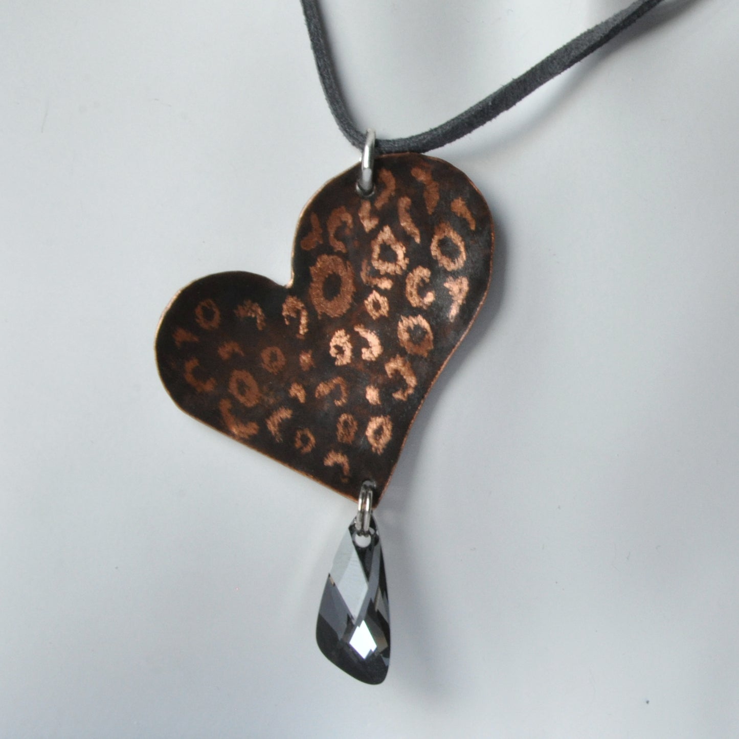 Copper Heart Pendant Necklace with Leopard Spotted Engraving and Swarovski Crystal 'Wild Heart'