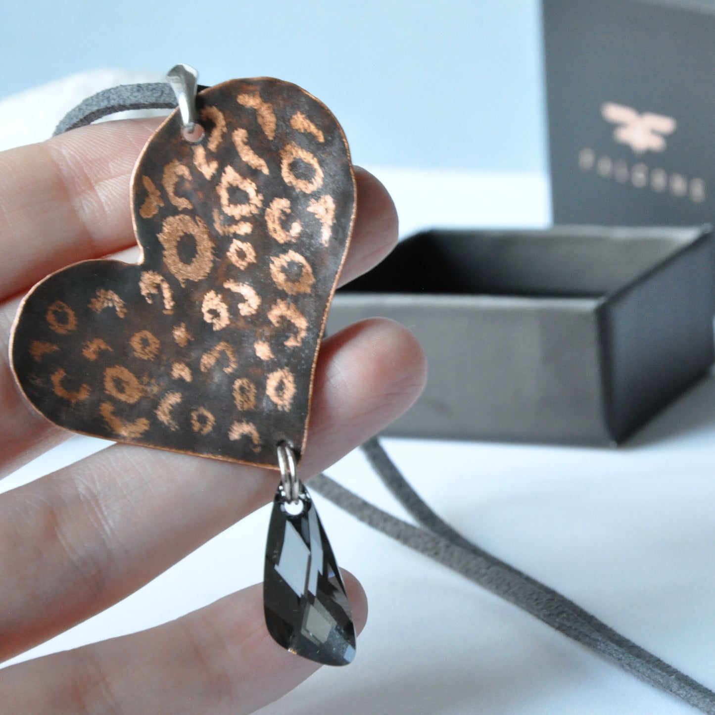 Copper Heart Pendant Necklace with Leopard Spotted Engraving and Swarovski Crystal 'Wild Heart'