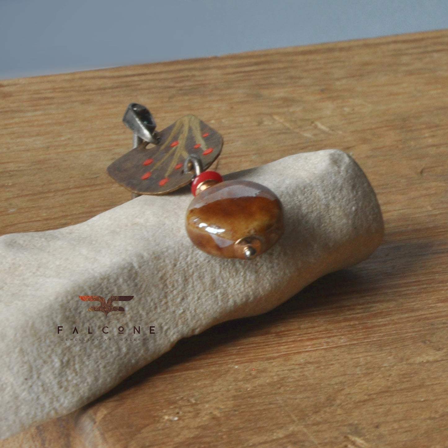 Enameled and engraved pendant made of silver and brass 'Autumn Rowans'