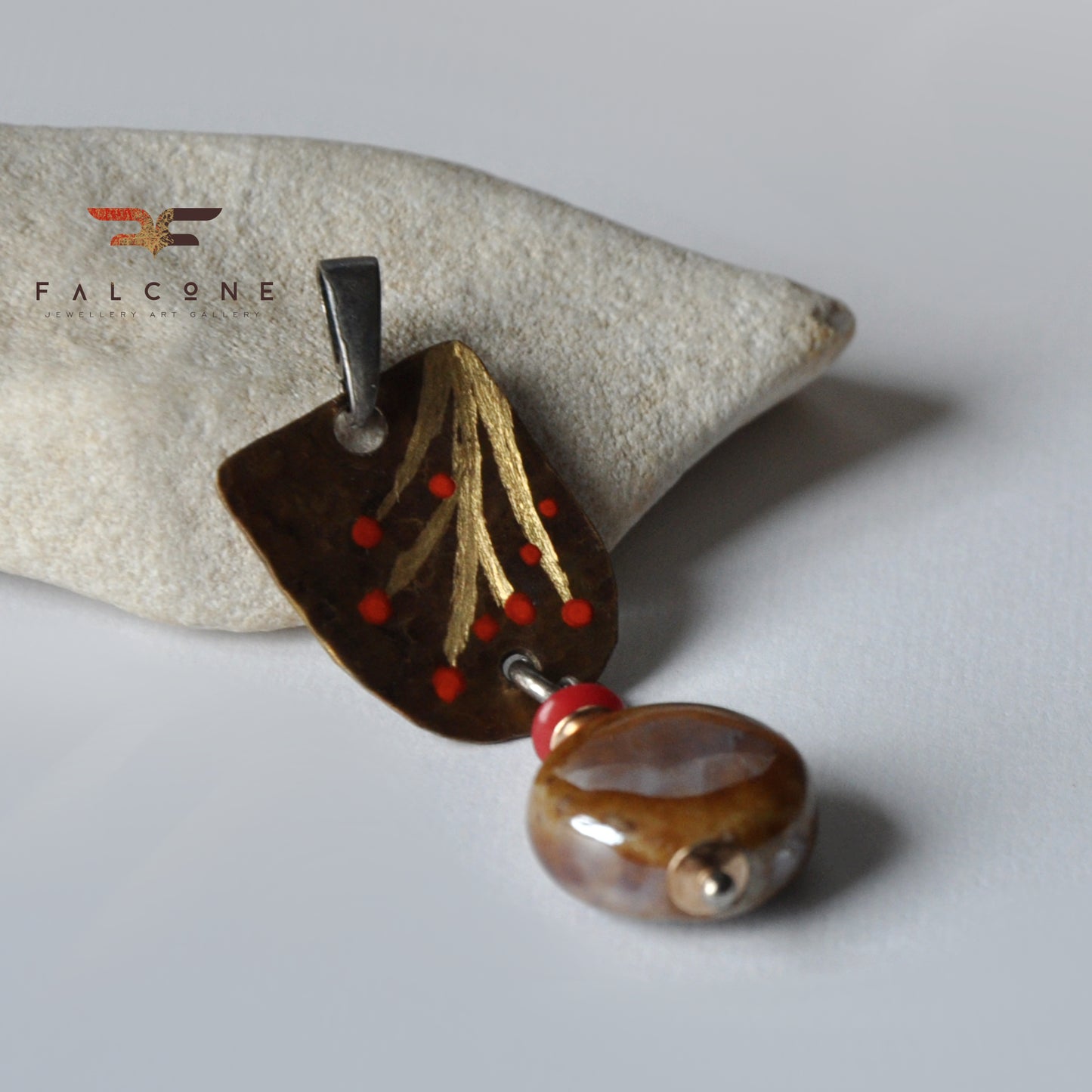 Enameled and engraved pendant made of silver and brass 'Autumn Rowans'