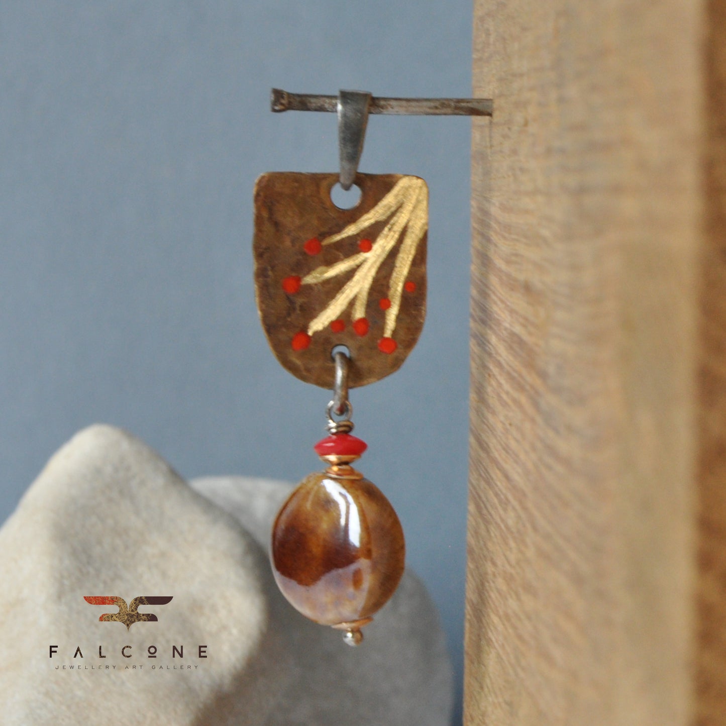 Enameled and engraved pendant made of silver and brass 'Autumn Rowans'