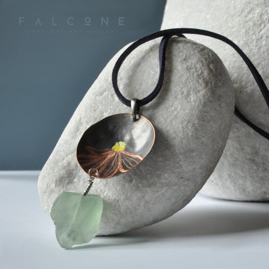 Long necklace with copper, silver and fluorite pendant 'Flower and Fluorite'