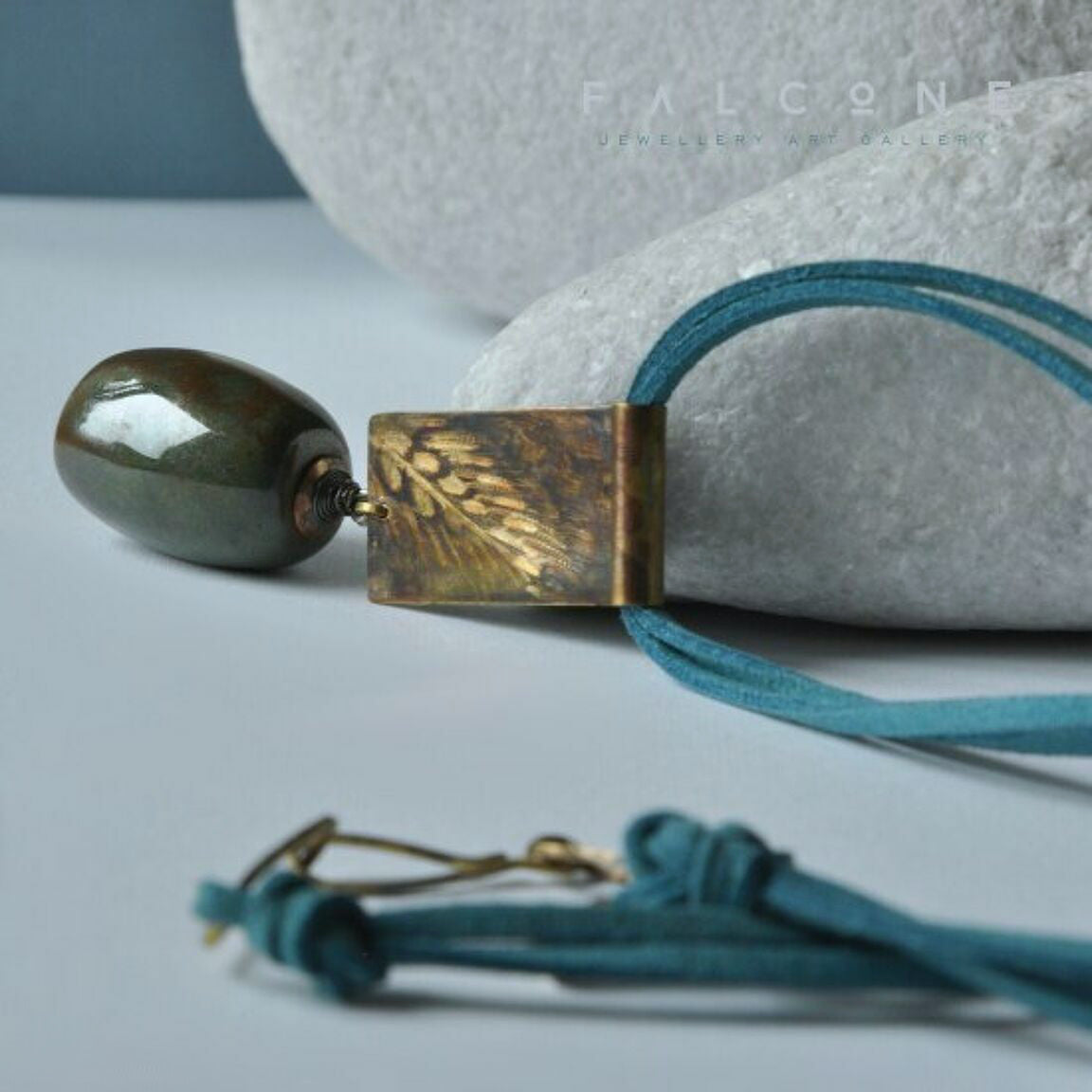 Long necklace with a brass engraved pendant & thermal olive 'With an Ear of Grain'