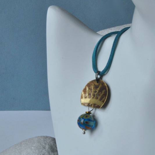Colorful necklace with engraved brass pendant and Millefiori Ball 'Sun of Tuscany'