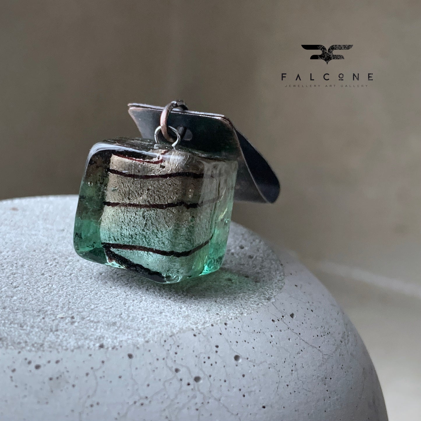 Venetian glass pendant framed in silver and copper 'Cube'