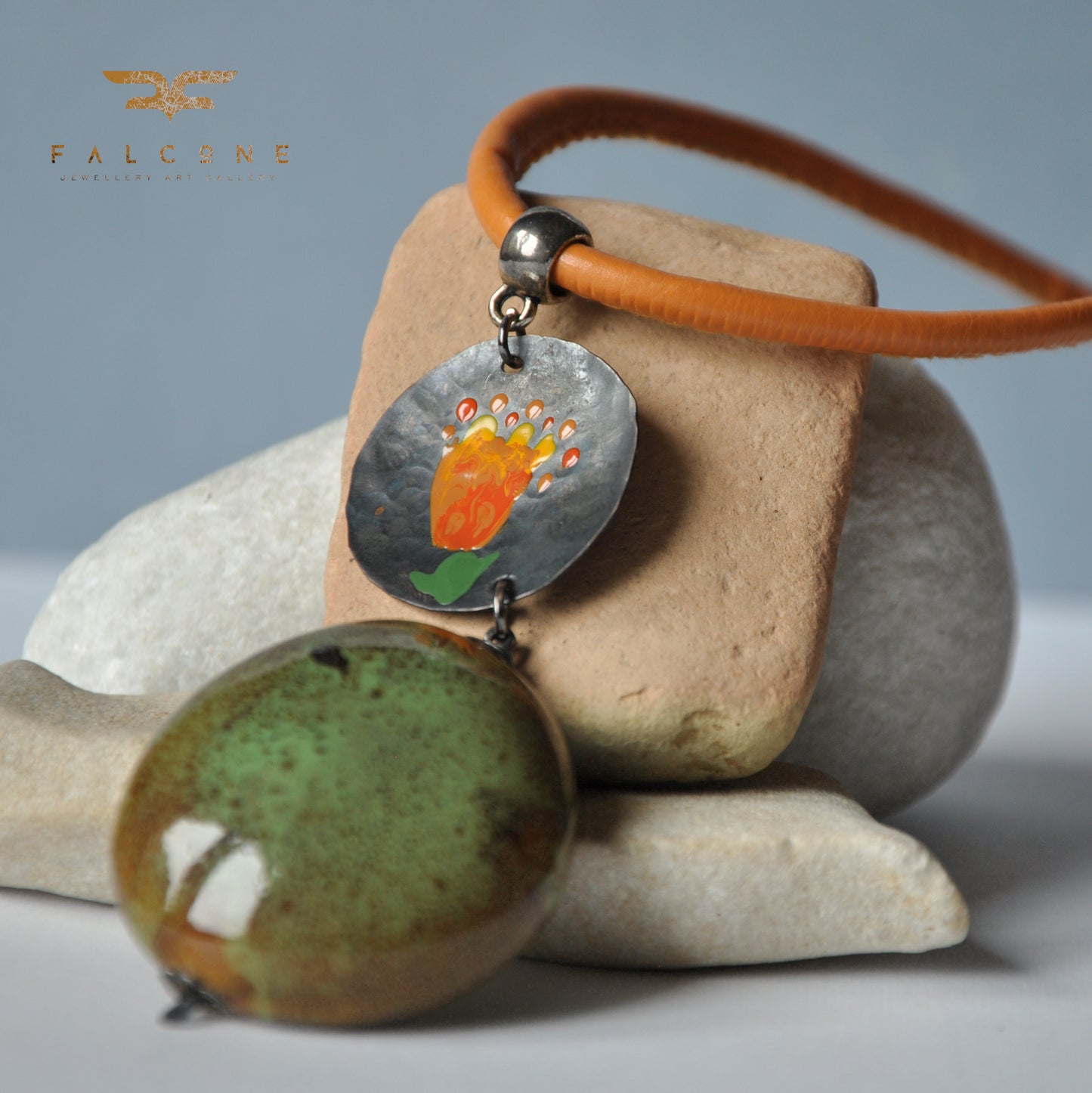 Necklace with decorative ceramic and copper pendant with enameled flower 'Pebble in the Garden'