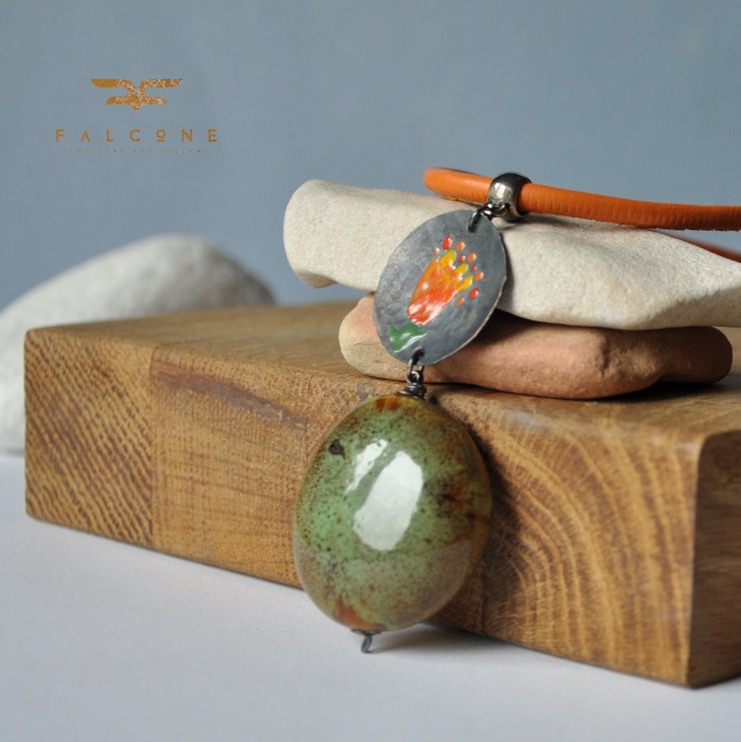 Necklace with decorative ceramic and copper pendant with enameled flower 'Pebble in the Garden'
