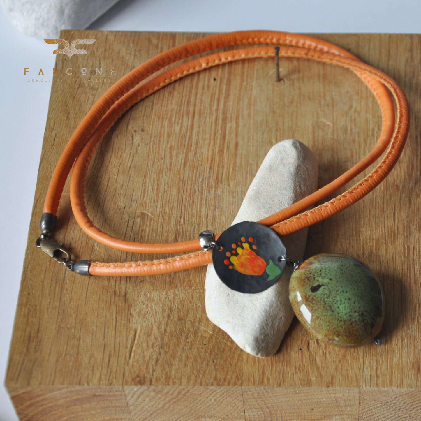 Necklace with decorative ceramic and copper pendant with enameled flower 'Pebble in the Garden'