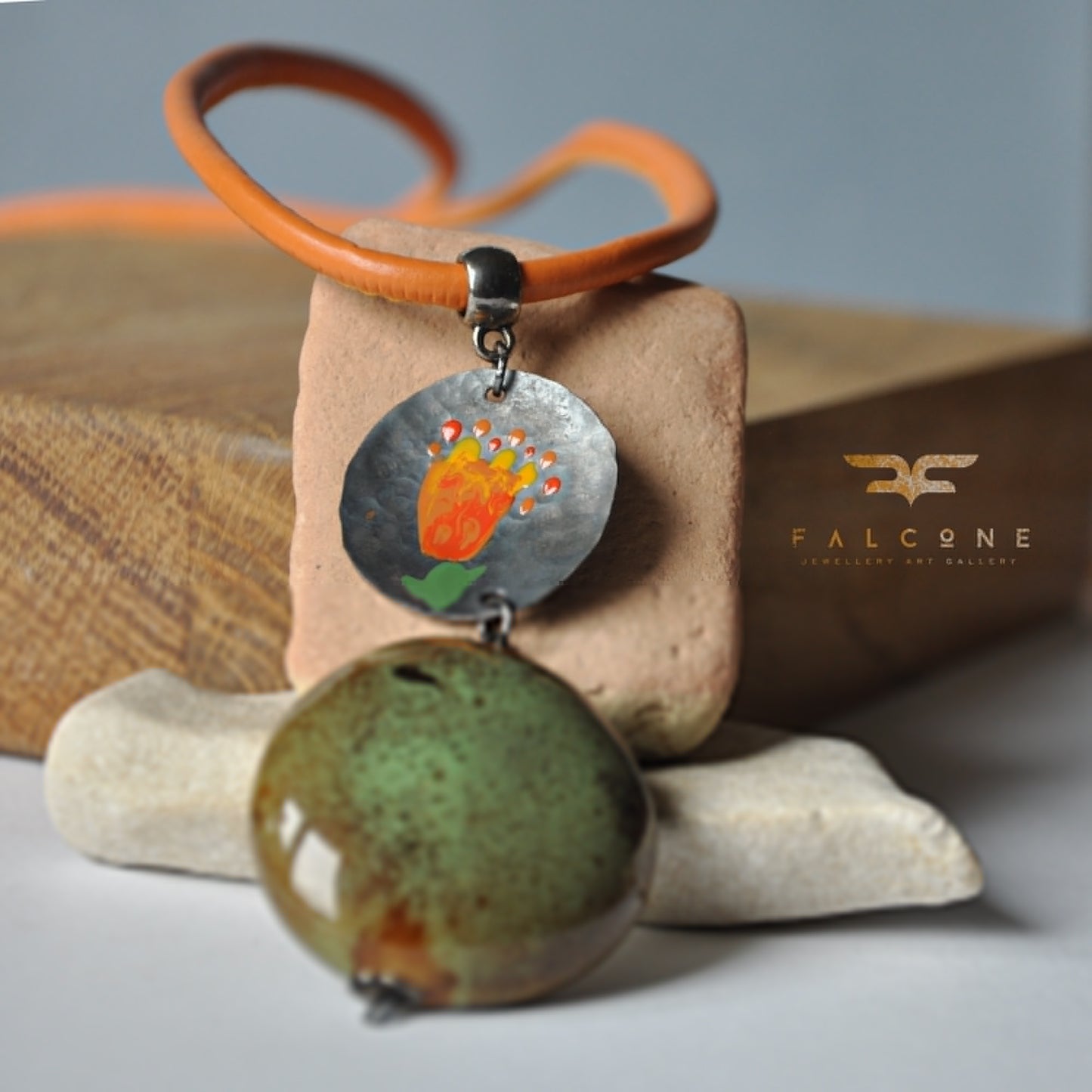 Necklace with decorative ceramic and copper pendant with enameled flower 'Pebble in the Garden'