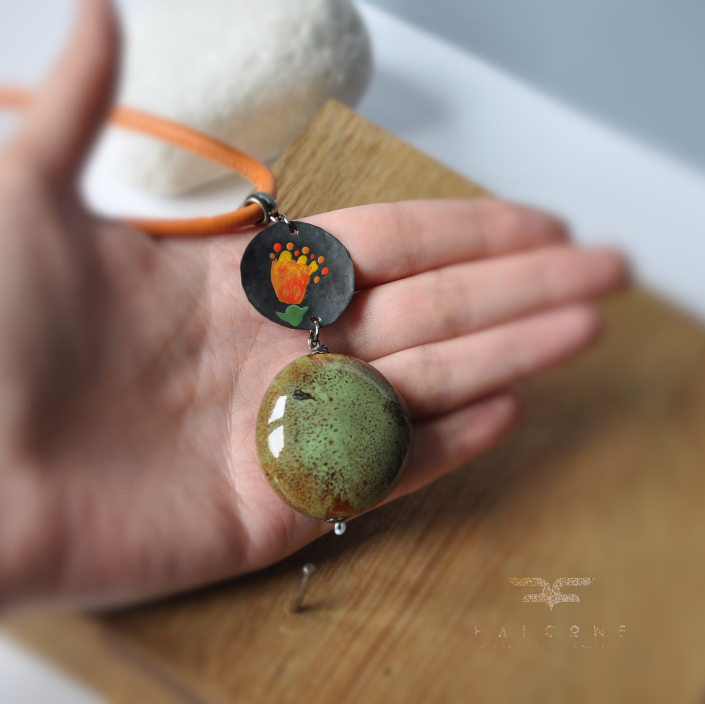 Necklace with decorative ceramic and copper pendant with enameled flower 'Pebble in the Garden'