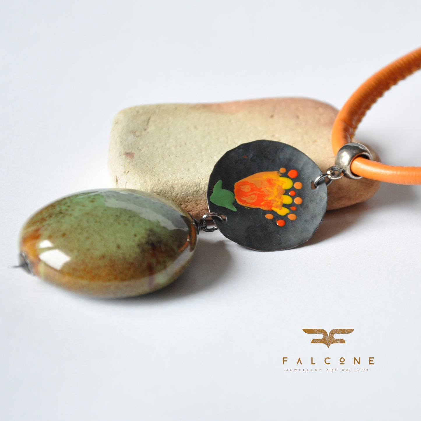 Necklace with decorative ceramic and copper pendant with enameled flower 'Pebble in the Garden'
