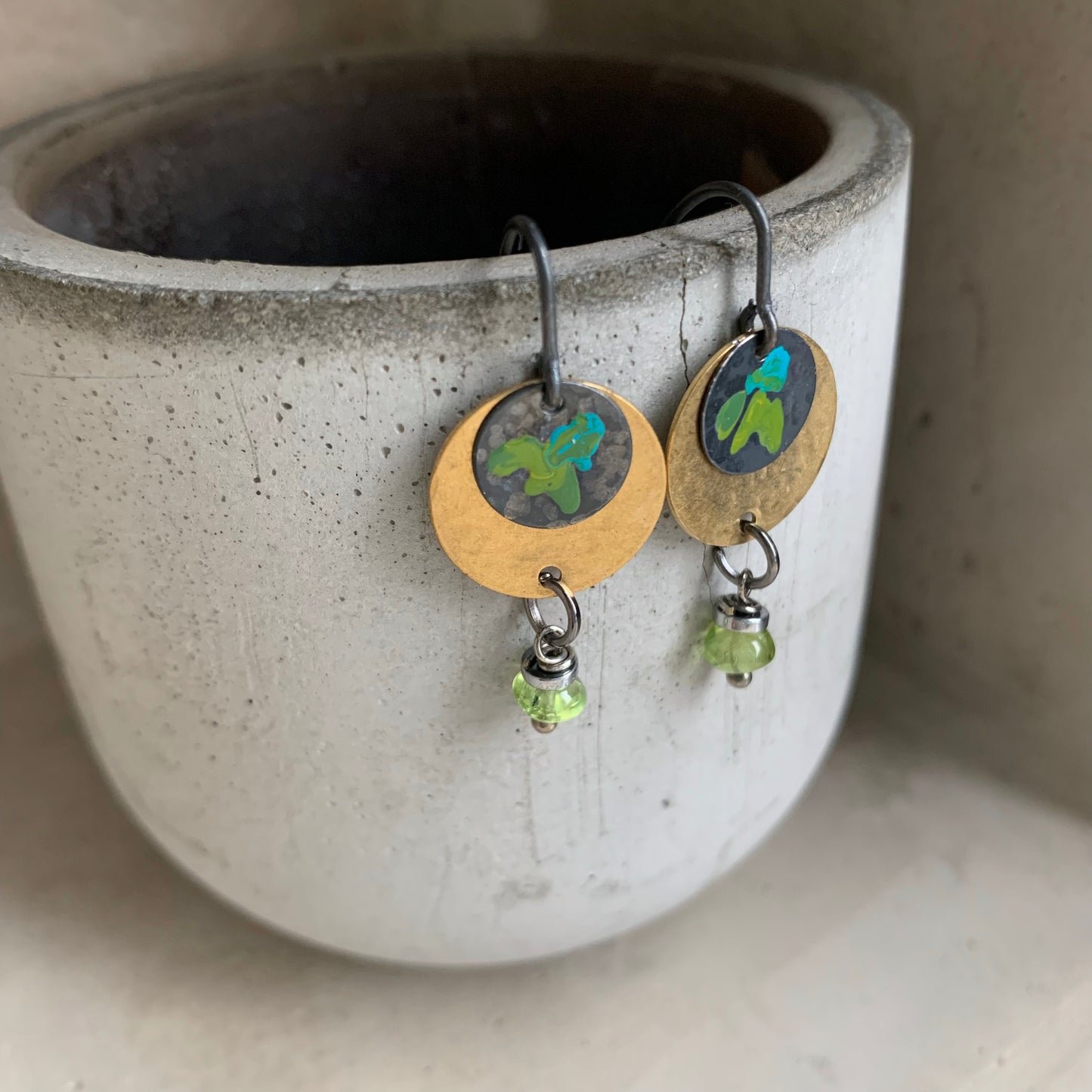 Brass, Peridot, and Silver Earrings 'Field Flowers - Turquoise & Green in Gold'