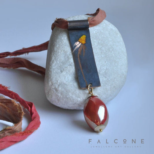 Silk necklace with engraved and enameled copper pendant and ceramic olive 'Flower Necklace'