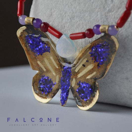 Necklace with a large brass engraved pendant, coral and natural stones - amethysts and jade 'Butterfly'