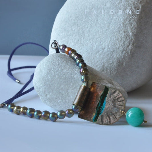 Necklace with engraved & enameled brass pendant and jade ball 'Amazonia'
