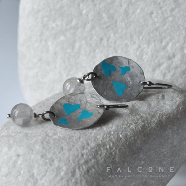 Hand forged aluminium enameled earrings in the shape of irregular circles and with hanging quartz 'Turquoise Hearts'