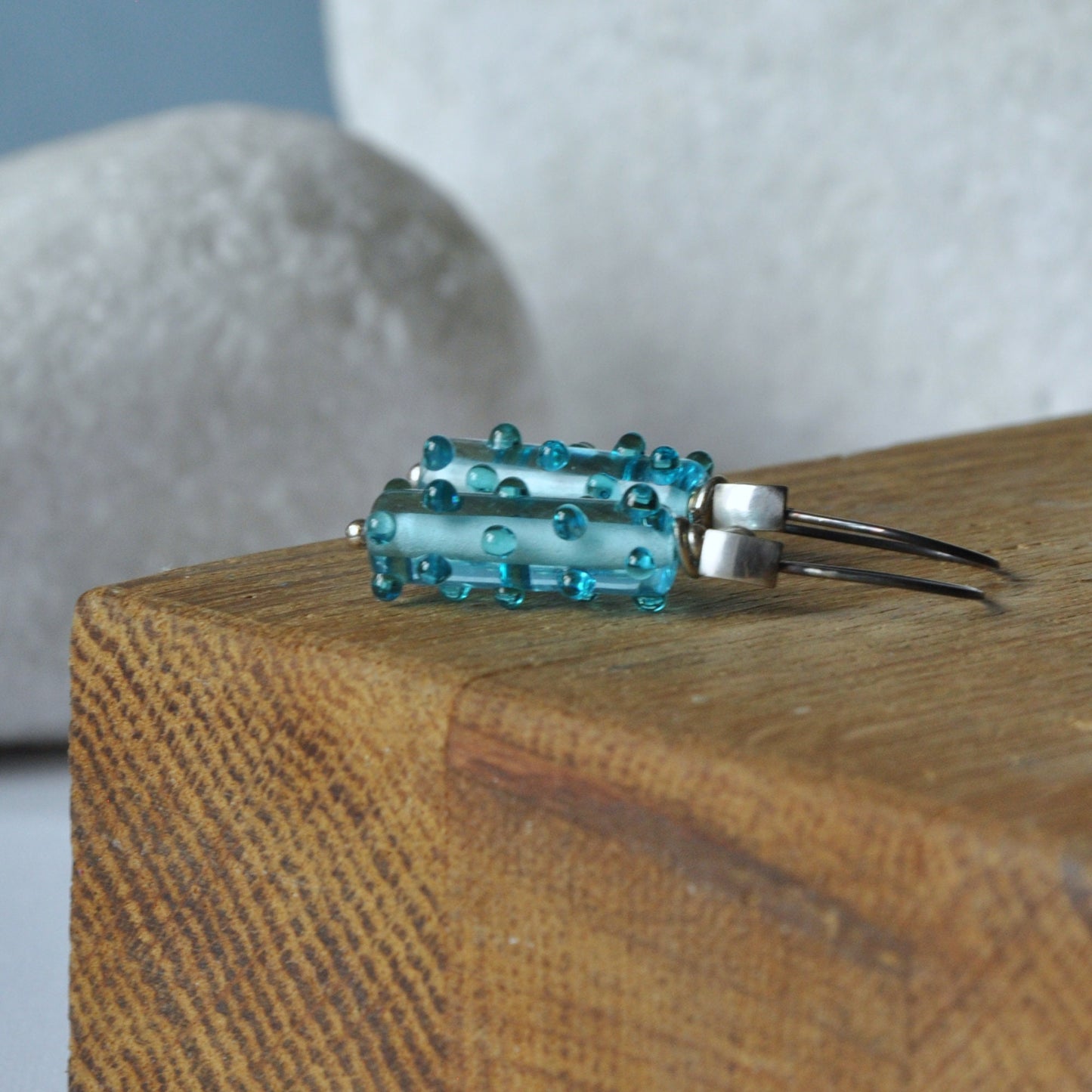 Silver earrings with glass handmade beads in blue color 'Azure'