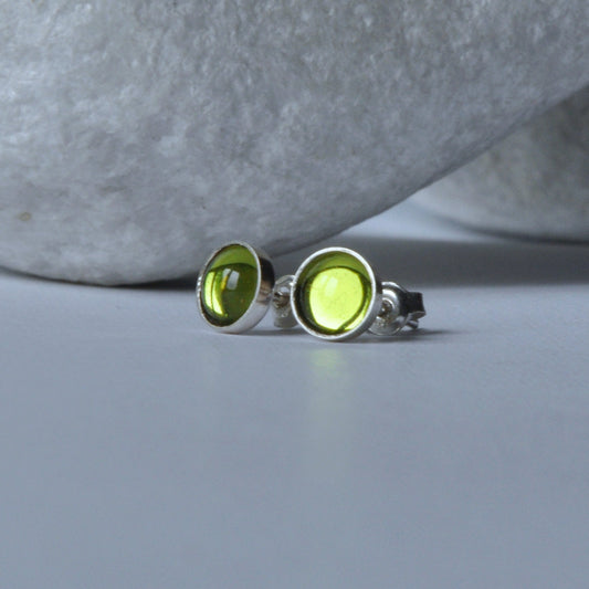 Silver stud earrings with bright glass cabochons 'Green Eyes'