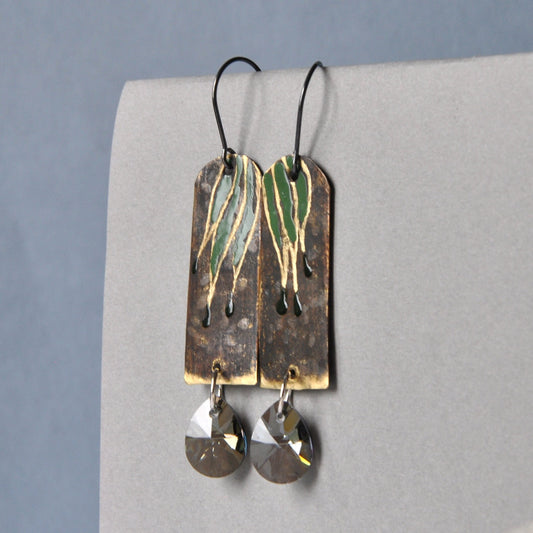 Engraved, brass & silver earrings with Swarovski's crystal 'Forest Bells'