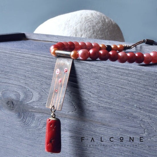 Long necklace with engraved copper pendant, glass pearls & coral 'Field Flowers'