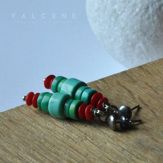 Handmade stud earrings made of natural stones with red and green color and silver 'Turquoise and Coral'