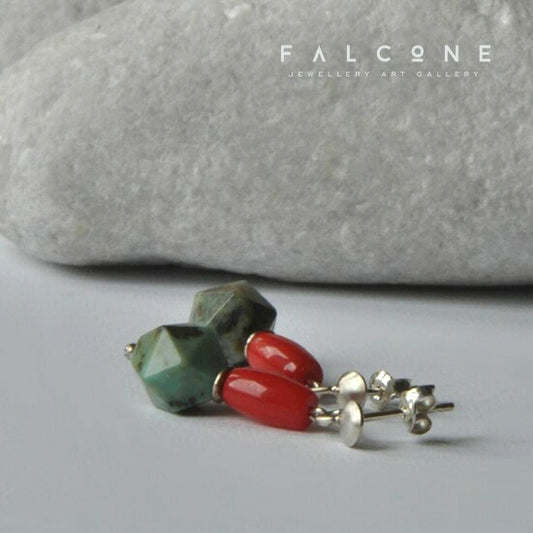 Silver stud earrings with African turquoise and beads 'Turquoise and coral'