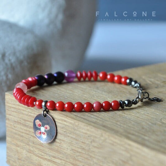 Bracelet with coral, natural stones & copper pendant decorated enameled flower 'With a Field Flower'