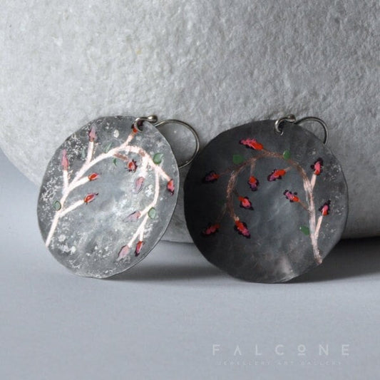 Large copper and silver earrings with enameled and engraved floral pattern 'Secret Garden'