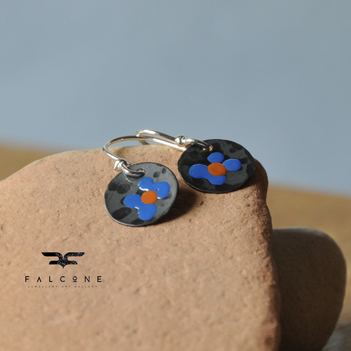 Silver earrings with enamel 'Field Flowers - Blue & Orange Ochre'