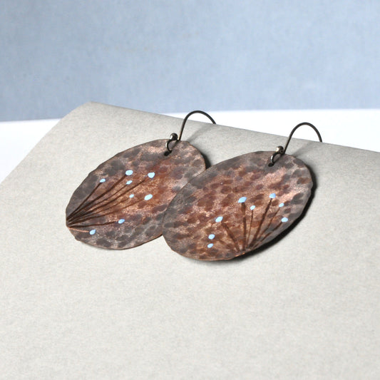 Large copper earrings with engraved and enameled floral motif 'Floral Impressions'