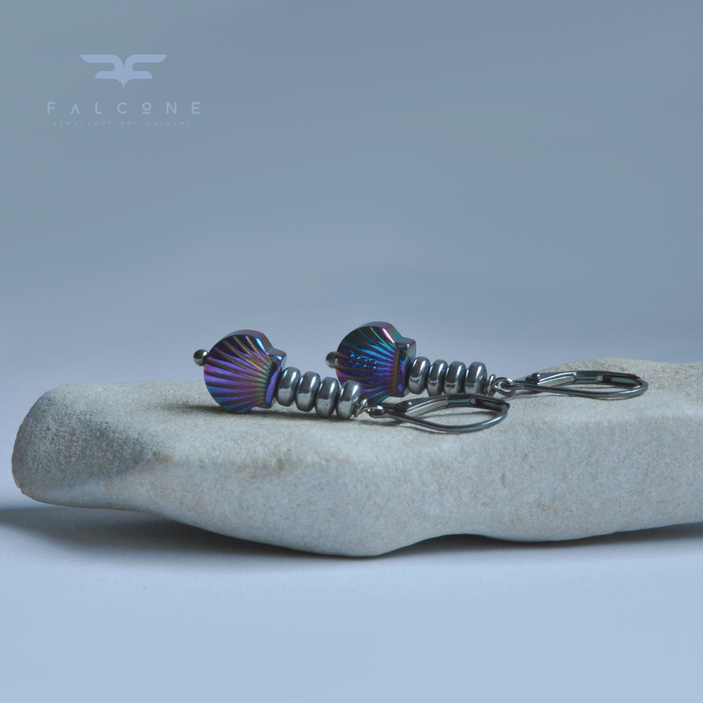 Silver earrings with hematite shells 'Sea Tales'