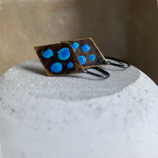 Brass and Silver Geometric Earrings 'Blue Dots'