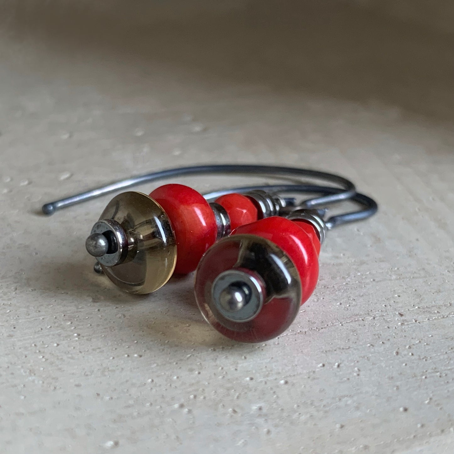 Silver earrings with coral and smoky quartz 'In Autumn Colors'