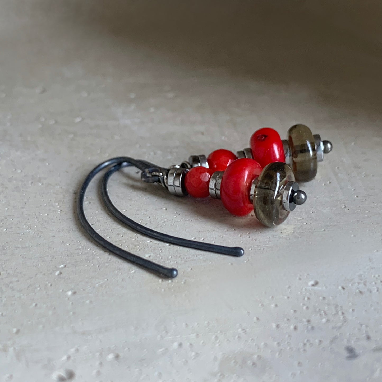 Silver earrings with coral and smoky quartz 'In Autumn Colors'