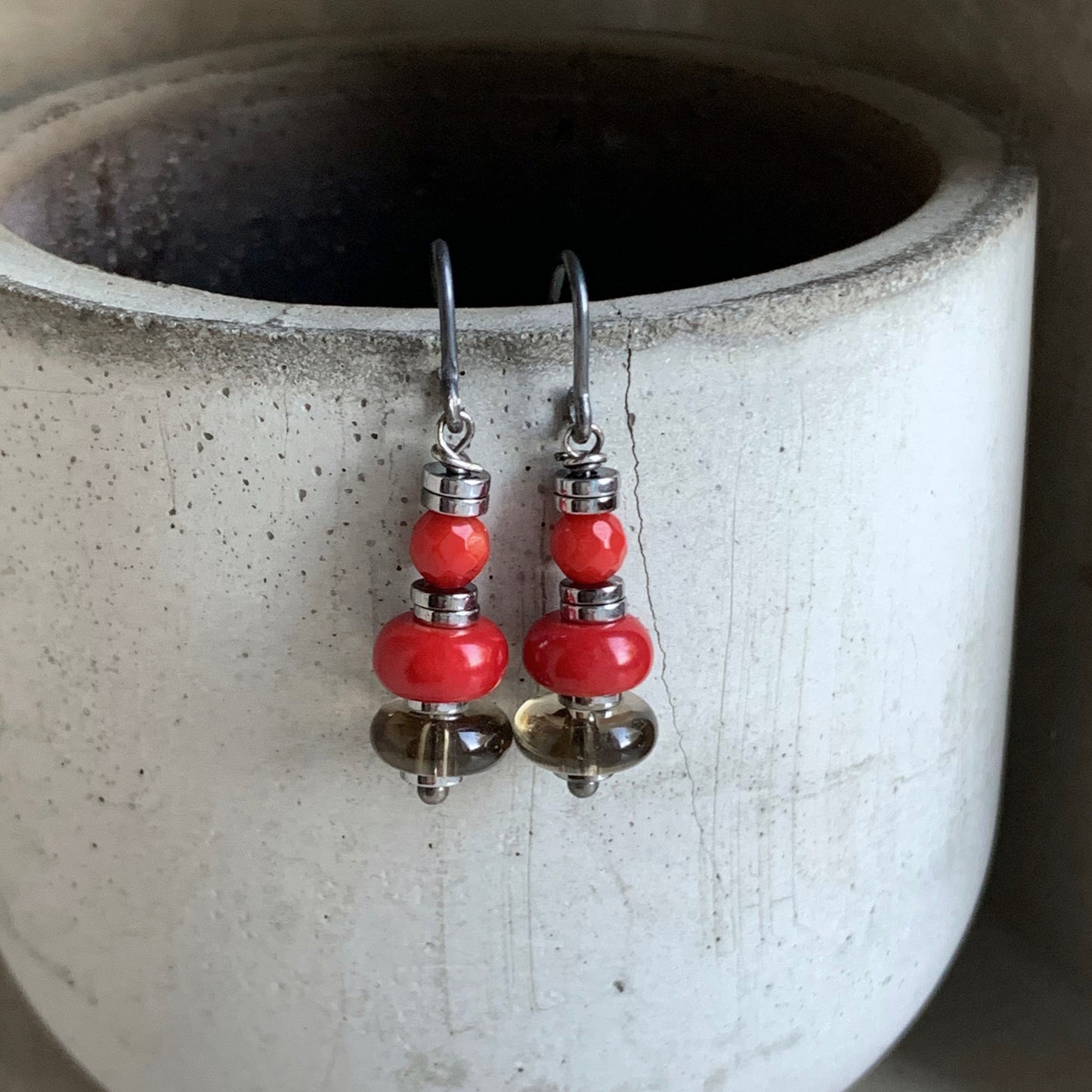 Silver earrings with coral and smoky quartz 'In Autumn Colors'