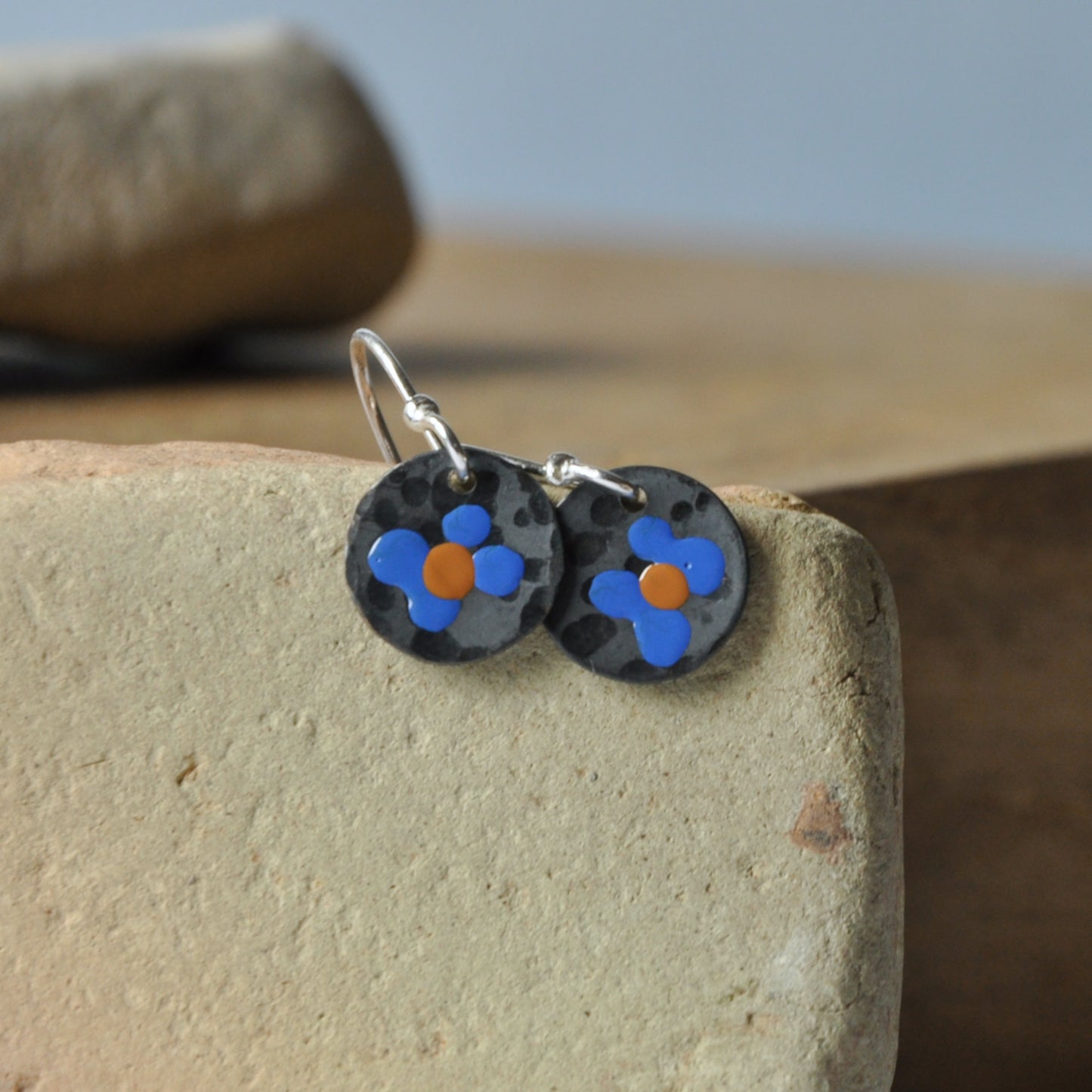 Silver earrings with enamel 'Field Flowers - Blue & Orange Ochre'