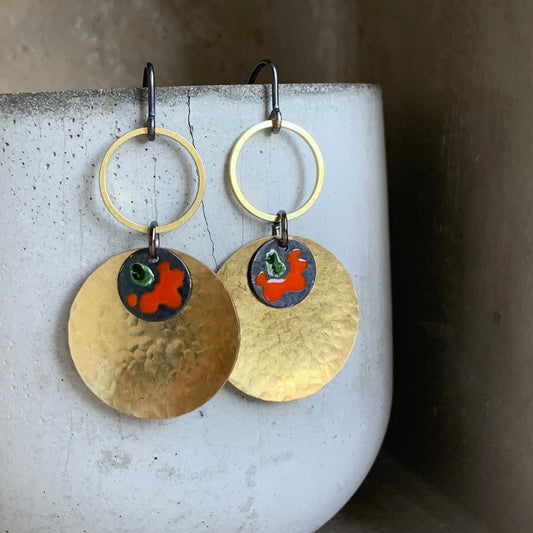 Earrings in brass & silver 'Red Flower in Gold'