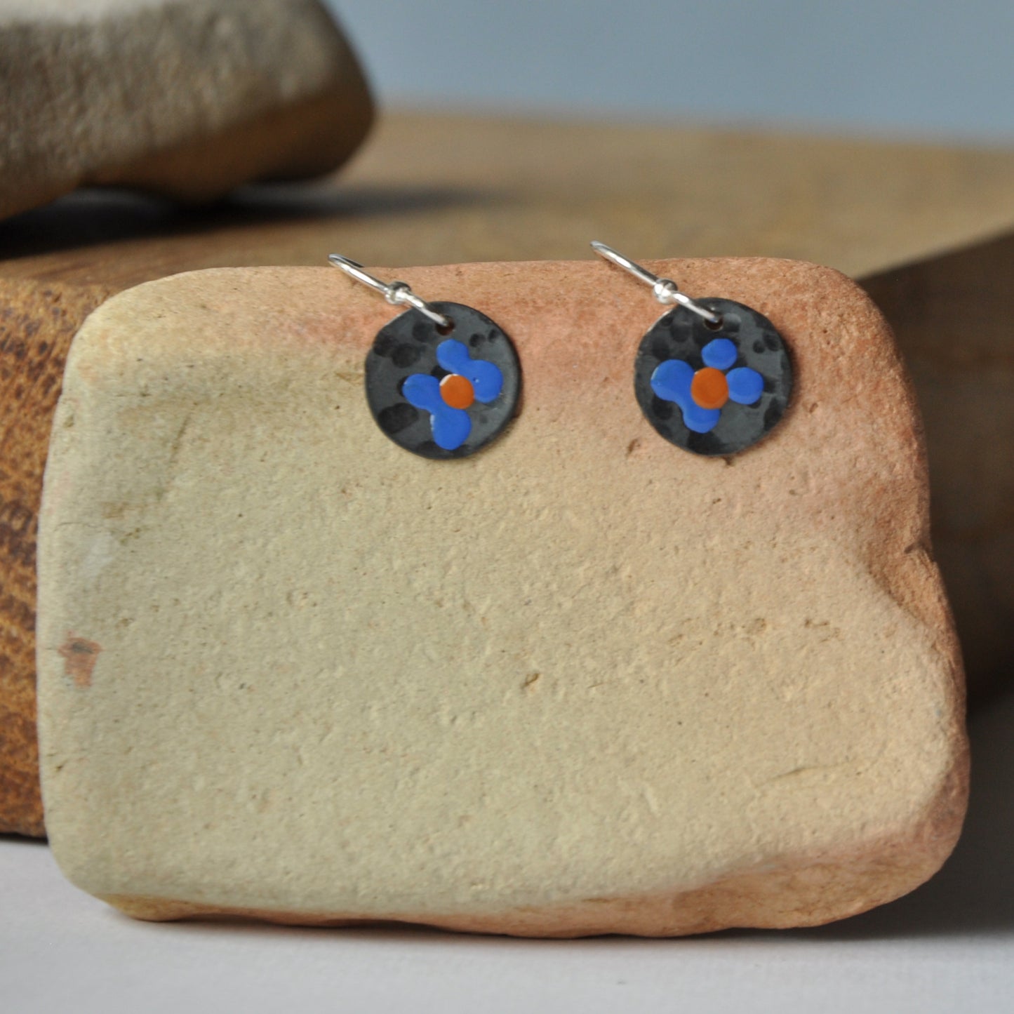 Silver earrings with enamel 'Field Flowers - Blue & Orange Ochre'