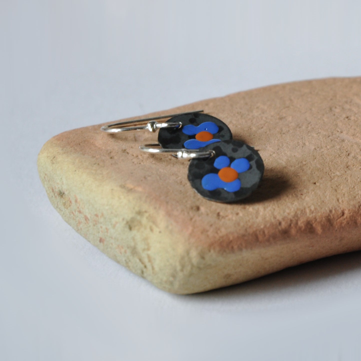 Silver earrings with enamel 'Field Flowers - Blue & Orange Ochre'