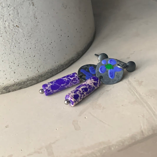 Silver stud earrings with imperial jasper 'Field Flowers - Purple Jasper with an Accent of Green'