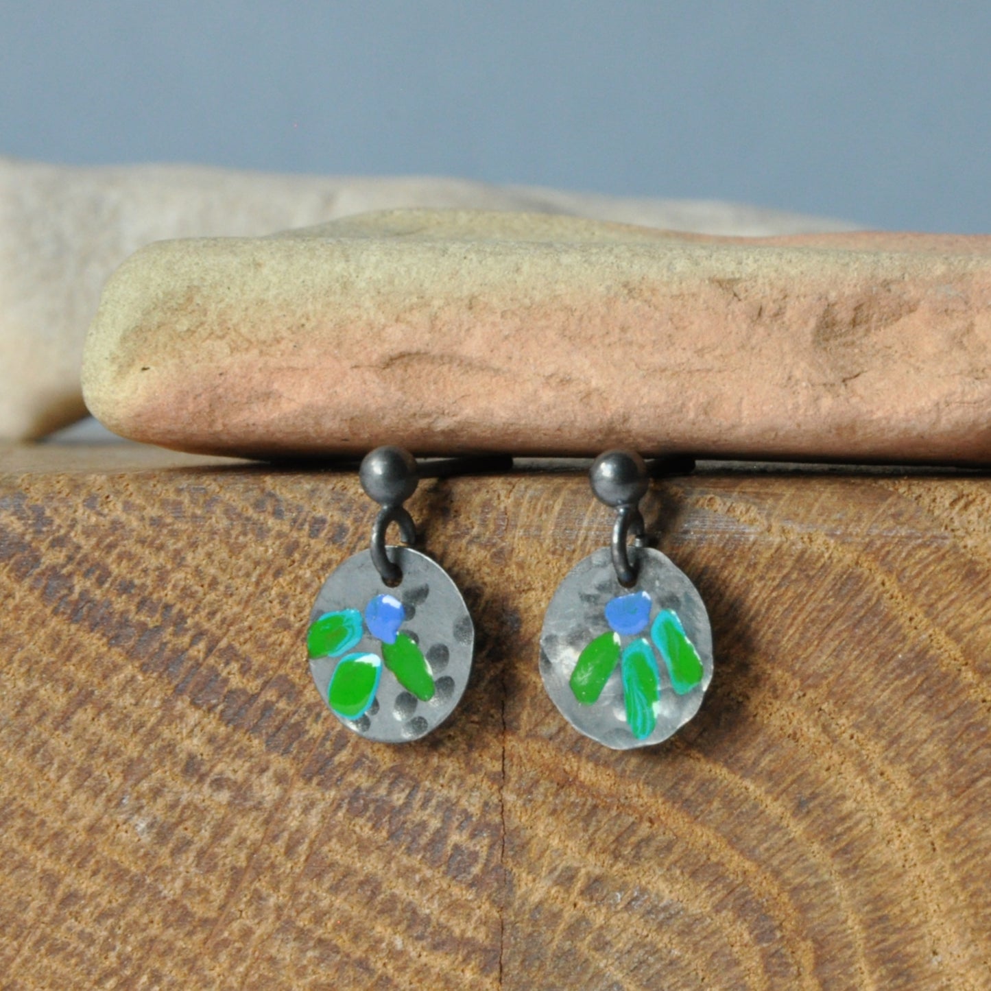 Pendientes de plata y esmalte "Folk Flower Mini - Blue &amp; Green"