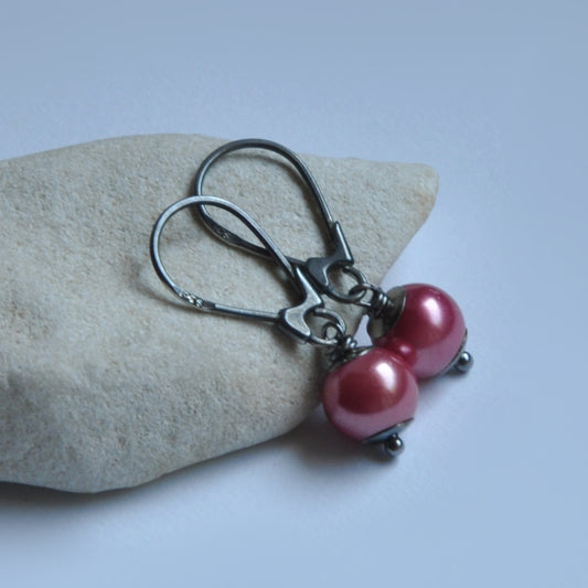 Silver earrings with glass pearls 'Powder Pink'