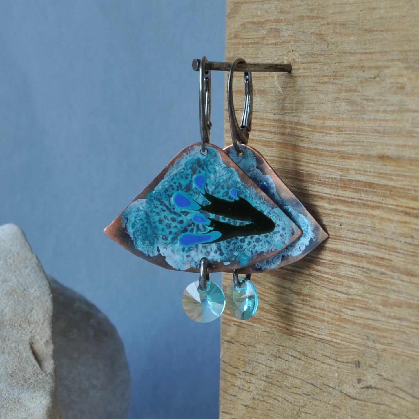 Earrings made of copper, silver and Swarovski crystals 'Waving Seaweed'