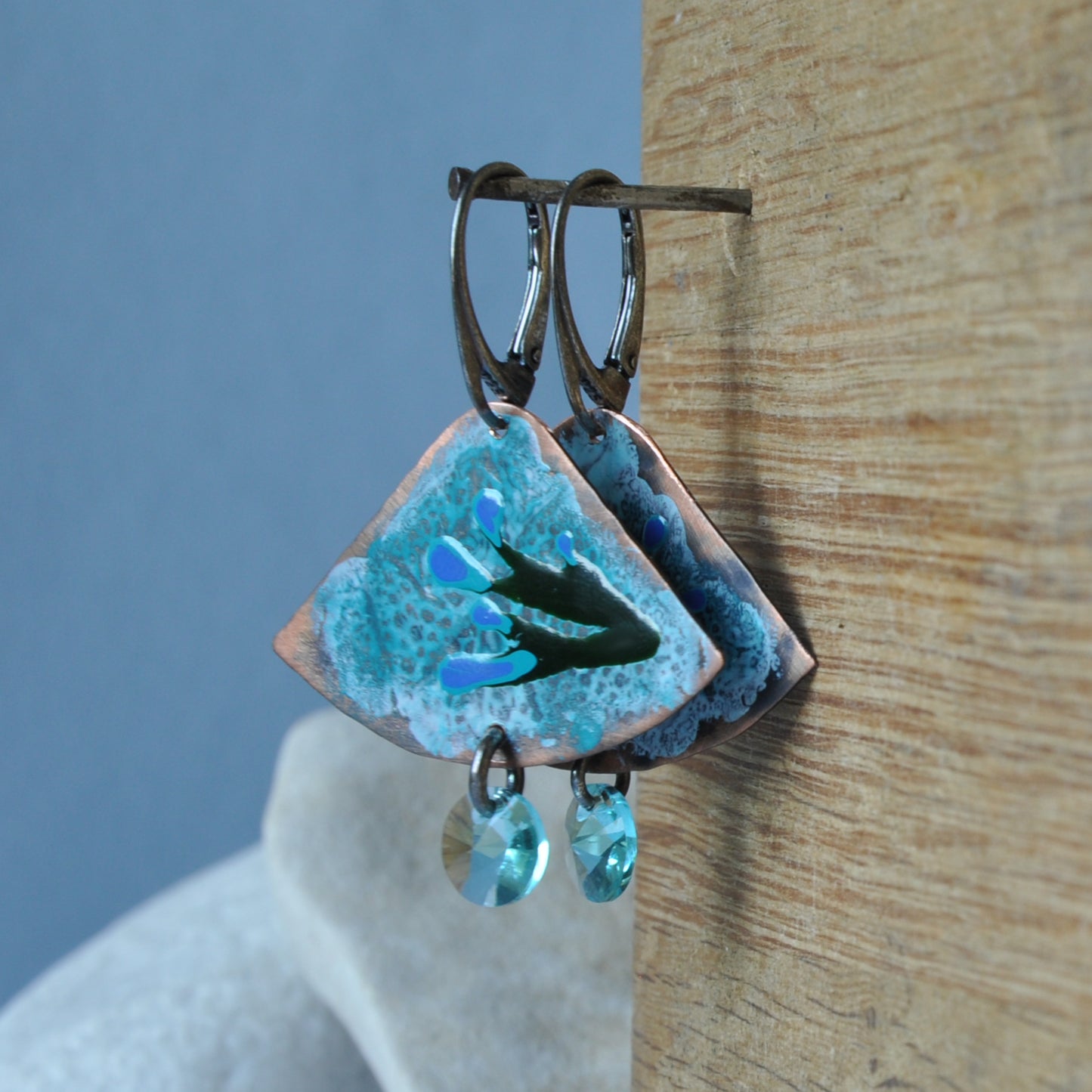 Earrings made of copper, silver and Swarovski crystals 'Waving Seaweed'