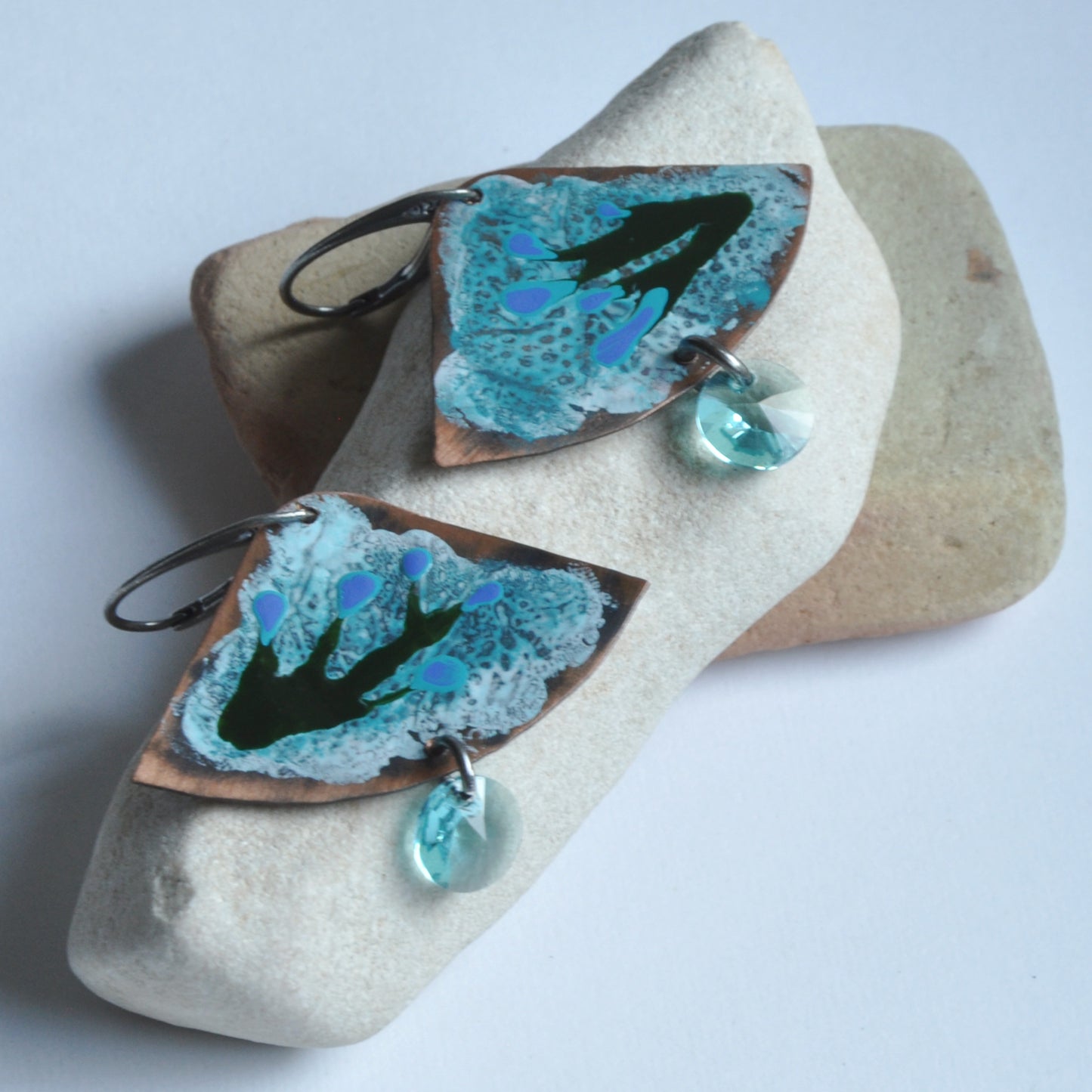 Earrings made of copper, silver and Swarovski crystals 'Waving Seaweed'